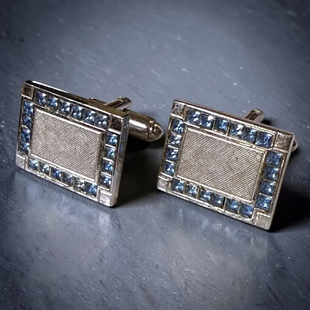 Vintage Dante Cufflinks Mens Silver Tone Brushed Aqua Glass Jewels Bullet Back